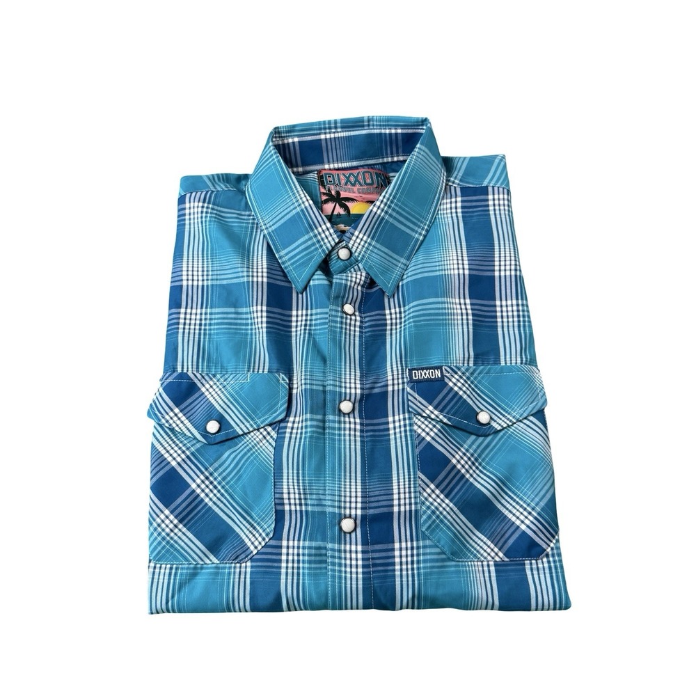 Dixxon Duval St Plaid Bamboo Blend Button-Up Shirt Mens XL Blue Short Sleeve